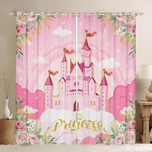 Princess Theme Window Drapes for Kids Girls Bedroom,Pink Castle Dreamy Window Treatments Microfiber Polyester 42Wx63L Inches,Flowers Garden Fairy Tale Window Curtains (Not Blackout) in Kuwait