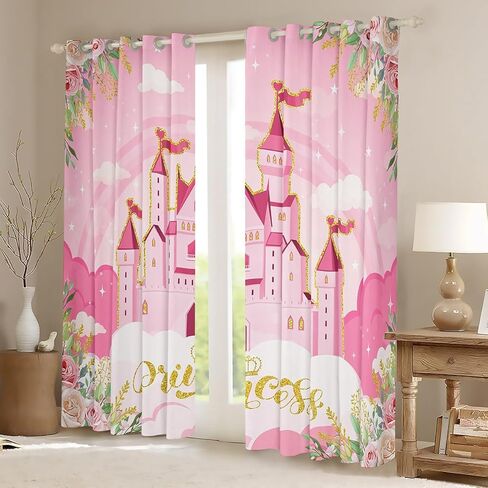 Princess Theme Window Drapes for Kids Girls Bedroom,Pink Castle Dreamy Window Treatments Microfiber Polyester 42Wx63L Inches,Flowers Garden Fairy Tale Window Curtains (Not Blackout) in Kuwait