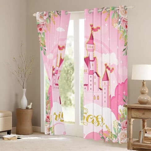 Princess Theme Window Drapes for Kids Girls Bedroom,Pink Castle Dreamy Window Treatments Microfiber Polyester 42Wx63L Inches,Flowers Garden Fairy Tale Window Curtains (Not Blackout) in Kuwait