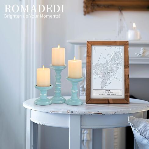 Romadedi حامل شموع ديكور ساحلي - مجموعة من 3 حوامل شموع من خشب المحيط الريفي لحامل شموع على شكل عمود للشاطئ لتزيين طاولة المدفأة المركزية، باللون الأزرق الأبيض in Kuwait
