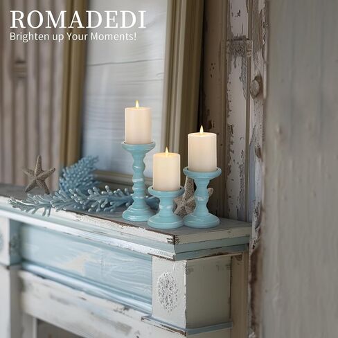 Romadedi حامل شموع ديكور ساحلي - مجموعة من 3 حوامل شموع من خشب المحيط الريفي لحامل شموع على شكل عمود للشاطئ لتزيين طاولة المدفأة المركزية، باللون الأزرق الأبيض in Kuwait