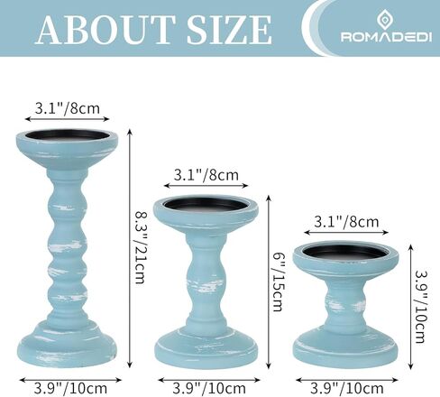 Romadedi حامل شموع ديكور ساحلي - مجموعة من 3 حوامل شموع من خشب المحيط الريفي لحامل شموع على شكل عمود للشاطئ لتزيين طاولة المدفأة المركزية، باللون الأزرق الأبيض in Kuwait