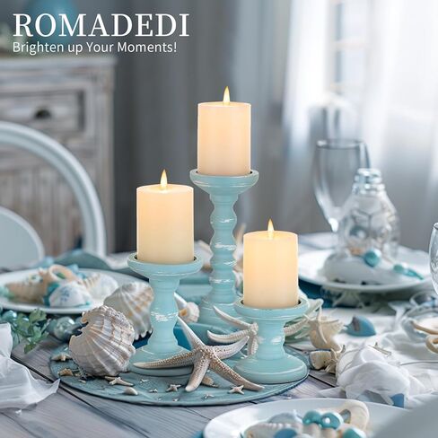 Romadedi حامل شموع ديكور ساحلي - مجموعة من 3 حوامل شموع من خشب المحيط الريفي لحامل شموع على شكل عمود للشاطئ لتزيين طاولة المدفأة المركزية، باللون الأزرق الأبيض in Kuwait