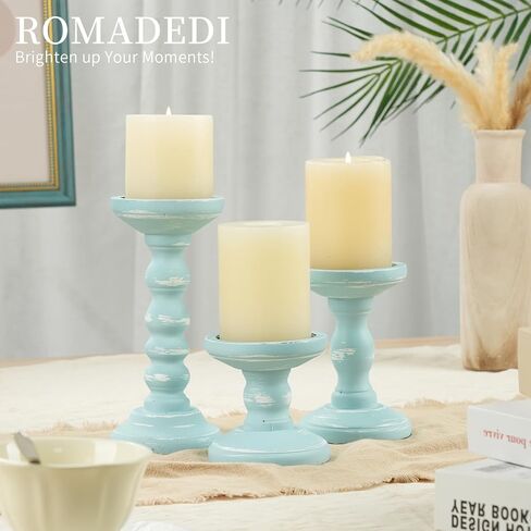 Romadedi حامل شموع ديكور ساحلي - مجموعة من 3 حوامل شموع من خشب المحيط الريفي لحامل شموع على شكل عمود للشاطئ لتزيين طاولة المدفأة المركزية، باللون الأزرق الأبيض in Kuwait