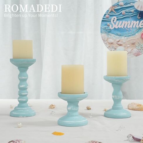 Romadedi حامل شموع ديكور ساحلي - مجموعة من 3 حوامل شموع من خشب المحيط الريفي لحامل شموع على شكل عمود للشاطئ لتزيين طاولة المدفأة المركزية، باللون الأزرق الأبيض in Kuwait