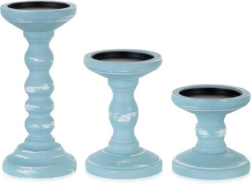 Romadedi حامل شموع ديكور ساحلي - مجموعة من 3 حوامل شموع من خشب المحيط الريفي لحامل شموع على شكل عمود للشاطئ لتزيين طاولة المدفأة المركزية، باللون الأزرق الأبيض in Kuwait