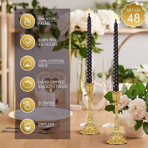 MTLEE Set of 48 Valentine's Day Dripless Taper Candles 10 Inch Candles Unscented Tall Candles Long Burning Wax Spiral Candlesticks for Rituals Dinner Party Wedding Decor(Black, Spiral) in Saudi Arabia