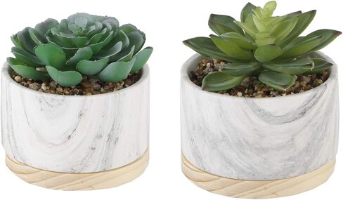نبات صناعي من فلورا بوندا نبات عصاري صناعي في وعاء سيراميك رخامي مقاس 10.16 سم بقاعدة خشبية في منتصف القرن، رخام، مجموعة من 2 in Kuwait