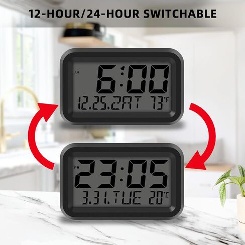 ساعة منبه رقمية تعمل بالبطارية مع عرض اليوم والتاريخ ودرجة الحرارة وشاشة LCD/LED 12/24 هجينة تلقائية لغرف النوم والمكتب والطاولة والجدار in Kuwait