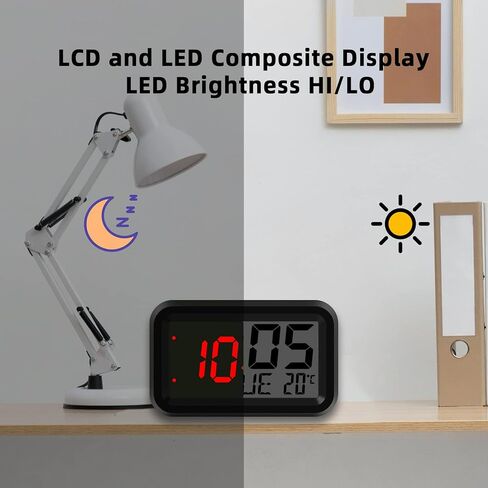 ساعة منبه رقمية تعمل بالبطارية مع عرض اليوم والتاريخ ودرجة الحرارة وشاشة LCD/LED 12/24 هجينة تلقائية لغرف النوم والمكتب والطاولة والجدار in Kuwait