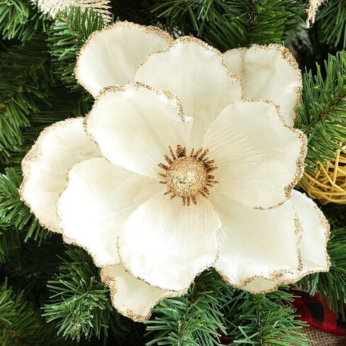 KI Store Christmas Tree Poinsettia Flower Cream White Velvet Magnolia Artificial Floral Ornaments Pack of 6 for Christmas Tree Decoration Wedding Centerpiece in Saudi Arabia