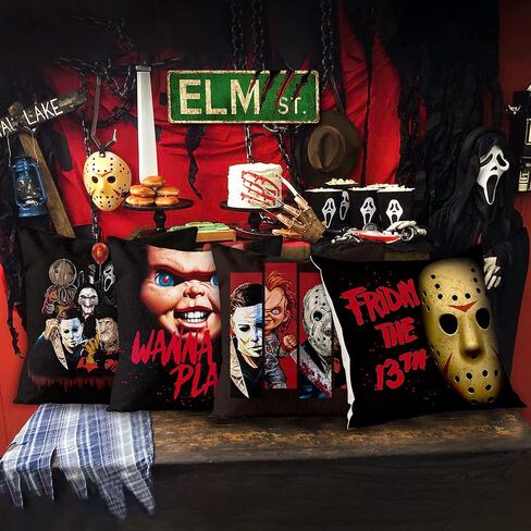 4 قطع من أغطية وسائد شخصيات فيلم الرعب الكلاسيكي، مقاس 45.72 سم × 45.72 سم، عيد الهالوين الجمعة الثالث عشر، غطاء وسادة من الكتان المزخرف المربع لديكور حفلات الرعب، هدية عيد ميلاد in Kuwait