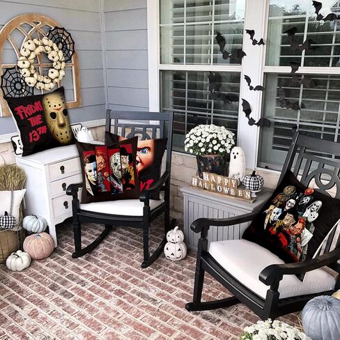 4 قطع من أغطية وسائد شخصيات فيلم الرعب الكلاسيكي، مقاس 45.72 سم × 45.72 سم، عيد الهالوين الجمعة الثالث عشر، غطاء وسادة من الكتان المزخرف المربع لديكور حفلات الرعب، هدية عيد ميلاد in Kuwait