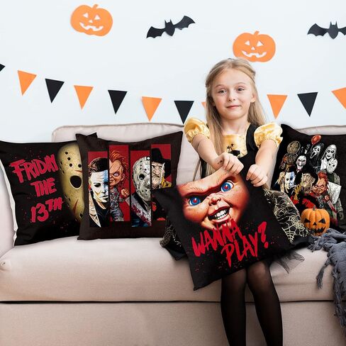 4 قطع من أغطية وسائد شخصيات فيلم الرعب الكلاسيكي، مقاس 45.72 سم × 45.72 سم، عيد الهالوين الجمعة الثالث عشر، غطاء وسادة من الكتان المزخرف المربع لديكور حفلات الرعب، هدية عيد ميلاد in Kuwait
