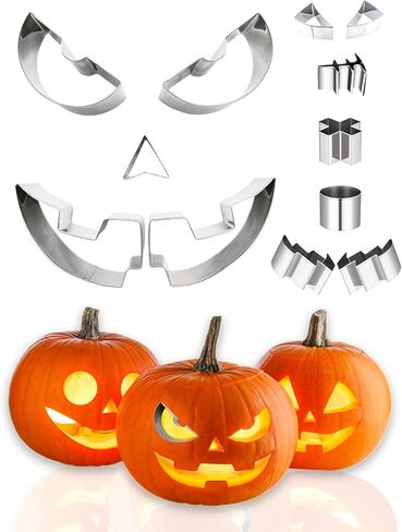 مجموعة نحت اليقطين للهالوين 12 قطعة من أدوات نحت اليقطين سهلة احترافية لنحت اليقطين وقواطع البسكويت استنسل للعائلة والكبار in Kuwait