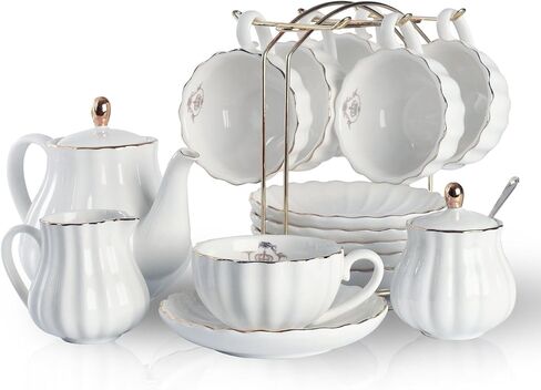 Porcelain Tea Sets British Royal Series, 8 OZ Cups& Saucer Service for 6, with Teapot Sugar Bowl Cream Pitcher Teaspoons and tea strainer for Tea/Coffee, Pukka Home (Pure White) in Saudi Arabia