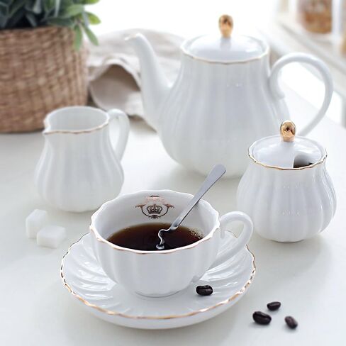 Porcelain Tea Sets British Royal Series, 8 OZ Cups& Saucer Service for 6, with Teapot Sugar Bowl Cream Pitcher Teaspoons and tea strainer for Tea/Coffee, Pukka Home (Pure White) in Saudi Arabia