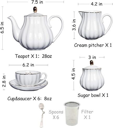 Porcelain Tea Sets British Royal Series, 8 OZ Cups& Saucer Service for 6, with Teapot Sugar Bowl Cream Pitcher Teaspoons and tea strainer for Tea/Coffee, Pukka Home (Pure White) in Saudi Arabia