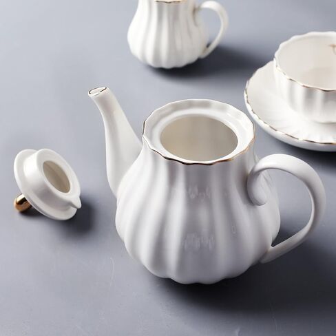 Porcelain Tea Sets British Royal Series, 8 OZ Cups& Saucer Service for 6, with Teapot Sugar Bowl Cream Pitcher Teaspoons and tea strainer for Tea/Coffee, Pukka Home (Pure White) in Saudi Arabia