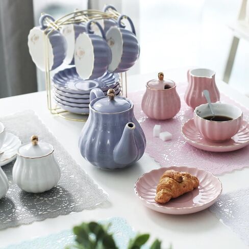 Porcelain Tea Sets British Royal Series, 8 OZ Cups& Saucer Service for 6, with Teapot Sugar Bowl Cream Pitcher Teaspoons and tea strainer for Tea/Coffee, Pukka Home (Pure White) in Saudi Arabia