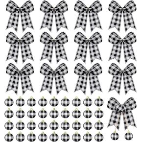 Chuangdi 36 Pcs Christmas Buffalo Plaid Ball Ornament Fabric Wrapped Ball 12 Pcs Buffalo Plaid Bow Xmas Tree Hanging Decor Holiday Farmhouse Party Supplies (Black and White Plaid, 5.9 Inch and 1 Inch)