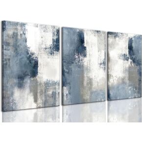 okudolit Abstract Wall Art Navy Blue Gray Canvas Large Framed Set of 3 Modern Minimalist Neutral Color Block Shape Artwork Blue Printing Pictures Wall Decor for Living Room Bedroom Office-12x16in