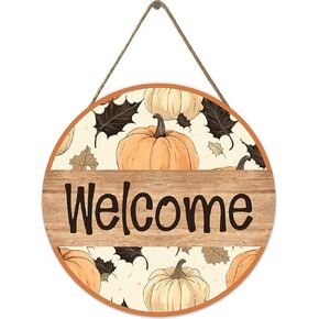 Wood Pumpkin Welcome Sign Fall Wood Door Sign, Rustic Round Farmhouse Porch Garden Yard Home Decor 12 x 12 Inch