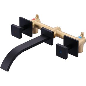 Wall Mount Bathroom Sink Faucet: ALEASHA Waterfall Bathroom Faucet Matte Black with Two Handles, Bathroom Sink Faucet 3 Holes, Rough in Valve Included