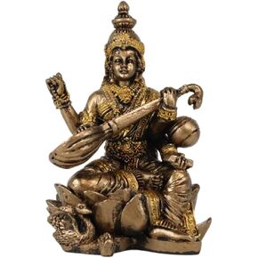 Ebros Eastern Enlightenment Vastu Hindu Beautiful Goddess Saraswati Seated On Lotus Flower Throne Playing Veena Guitar Miniature Figurine 2.75"Tall Patron Deity Of Music Arts Knowledge Mini Sculpture