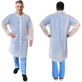 معاطف مختبر AMZ للبالغين، مقاس متوسط. 5 عبوات من معاطف المختبر البيضاء بطول الركبة من مادة البولي بروبيلين للاستعمال مرة واحدة. معطف من معدات الوقاية الشخصية بوزن 30 جرامًا لكل متر مربع مع 4 أزرار كبس ومعصمين مرنين. معاطف طبية قابلة للتنفس in Kuwait
