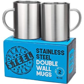 Stainless Steel Double Walled Mugs: 100% BPA Free,15 oz Metal Coffee & Tea Cup Mug - Insulated Cups with Handles Keep Drinks Hot or Cold Longer - Durable for Camping - Set of 2 Shatter Proof Mugs