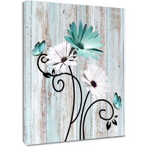HVEST Teal Daisy Wall Art Vintage Flower and Butterfly on Rustic Wooden Abstract Painting Farmhouse Plant Wall Art for Bathroom Living Room Bedroom Kitchen Decor Ready to Hang, 16Lx12W Inches