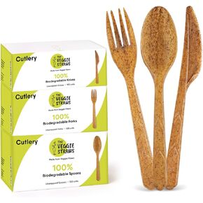 Premium Quality100% Biodegradable Cutlery Made of Vegetable Fibers, 300 PCS of 6.7" Long Heavy-Duty and Splinter Free Eco-Friendly Spoons, Forks & Knives, Perfect Sustainable Cutlery for All Occasions