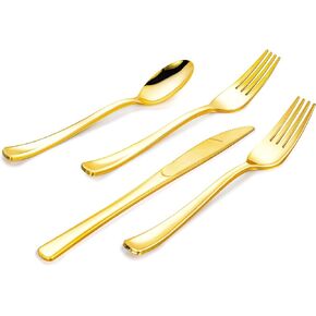 Lullaby 320pcs Gold Plastic Silverware, Gold Disposable Silverware Include 120 Forks, 100 Spoons, 100 Knives, Gold Plastic Flatware, Gold Cutlery Set Disposable for Weddings, Party and Daily Use