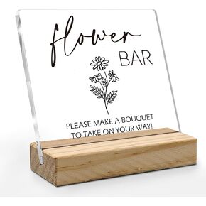 Flower Bar Desk Decor, Flower Bar Sign, Acrylic Wedding Signs, Wedding Decor, Bridal Shower Sign, Wedding Flowers Acrylic Plaque Sign with Wood Stand for Wedding Reception Table Decor