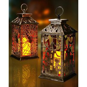 Homemory Halloween Lantern, Halloween Indoor Decor with Timer Function, Vintage Hanging Candle Lantern for Outdoor Table Party Home Spooky Decor