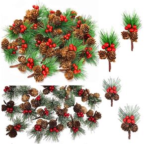 Pine Picks, 20 PCS Artificial Christmas Picks Red Berry Pine Cones Stems, Green Pine Needles Branches for Christmas Floral Arrangement Wreath Holiday Decoration