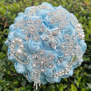 8.3 Inch Handmade Satin Rose Bridal Bouquet Toss Round Wedding Bouquet Throw Toss Artificial Flower Bunch Light Blue