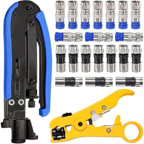 Taiss Coaxial Compression Tool Coax Cable Crimper Kit with 20 PCS F Style RG6 connectors,Adjustable RG6 RG59 RG11 75-5 75-7 Coaxial Cable Stripper,coaxial cable crimper Tool Kit