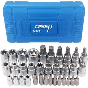 34-Piece 3/8'' Drive Torx Star Bit sockets CR-V E-Socket Set, E4-20, T10-60, Tamper Proof Set TT10-TT55, 5/16"F to 3/8"M adapter with Storage Case,S2 Steel, Ideal for Car,Trucks,Home Improvement
