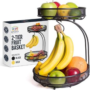 2 Tier Fruit Basket for Kitchen Counter - Fruit Bowl For Kitchen Counter For Fruit and Vegetable Storage, Fruit Bowl with Banana Hanger, Fruit Vegetable Storage Basket for Countertop, Black