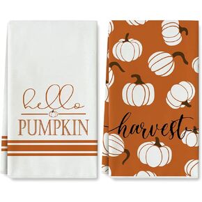 AnyDesign Fall Kitchen Dish Towel 18 x 28 Inch Hello Pumpkin Thanksgiving Harvest Tea Towel Autumn Orange White Dishcloth Rustic Farmhouse Hand Drying Cloth Towel for Kitchen Cooking Baking, 2 Pack