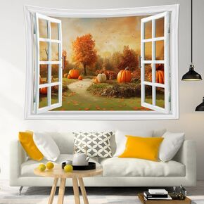 LB Fall Forest Tapestry, Orange Pumpkin and Maple Leaf with White Window Wall Tapestry for Bedroom, Autumn Landscape Wall Hanging Tapestry Wall Art for Living Room Home Decor, 60 x 40 Inches