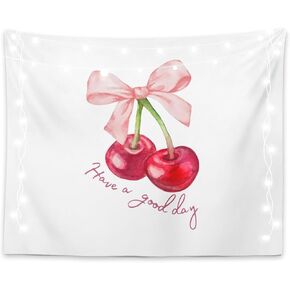 LiTiu Trendy Coquette Wall Decor, Pink Bow Cherry Preppy Room Decor Tapestry Wall Hanging for Girls Bedroom Dorm, 50x60 in(Unframed)