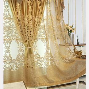 Amidoudou 1 Pair European Luxury Window Screen Living Room Tulle Curtains Balcony Bedroom Golden Jacquard Sheer Curtains (Gold,54x96 Inch)