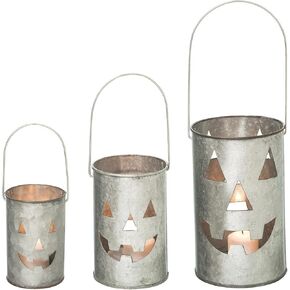 One Holiday Way Set of 3 Rustic Galvanized Metal Jack-o-Lantern Pumpkin Decorative Halloween LED Votive Candle Holder Lanterns - Indoor Outdoor Decoration - Spooky Country Farmhouse Party Home Decor