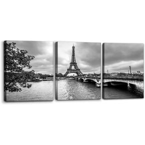 Pacimo - 3 Pieces Black and White Canvas Wall Art - Paris Eiffel Tower from Seine - France Cityscape Pictures Print on Canvas Modern Home Art Decor Stretched and Framed Ready to Hang - 12" x 16" x 3