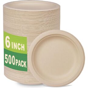 GreenWorks 500 Count 6“ Small Compostable Dessert Plates, Heavy-duty Unbleached Biodegradable Bagasse and Bamboo fiber Paper Plates