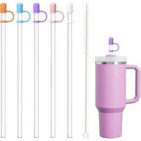 5 Straws with Cover Caps for Stanley 40 oz 30 oz 64 oz Cup Tumbler, Color Glitter Reusable Straws with Cleaning Brush, Stopper, Topper for Stanley and other brand's Tumbler Accessories