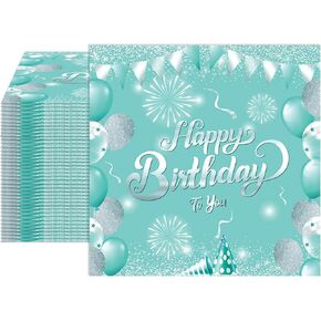 40 PCS Happy Birthday Napkins Teal and Silver Glitter Themed Birthday Party Napkins for Girl Woman Birthday Wedding Party Family Picnic 2 Ply